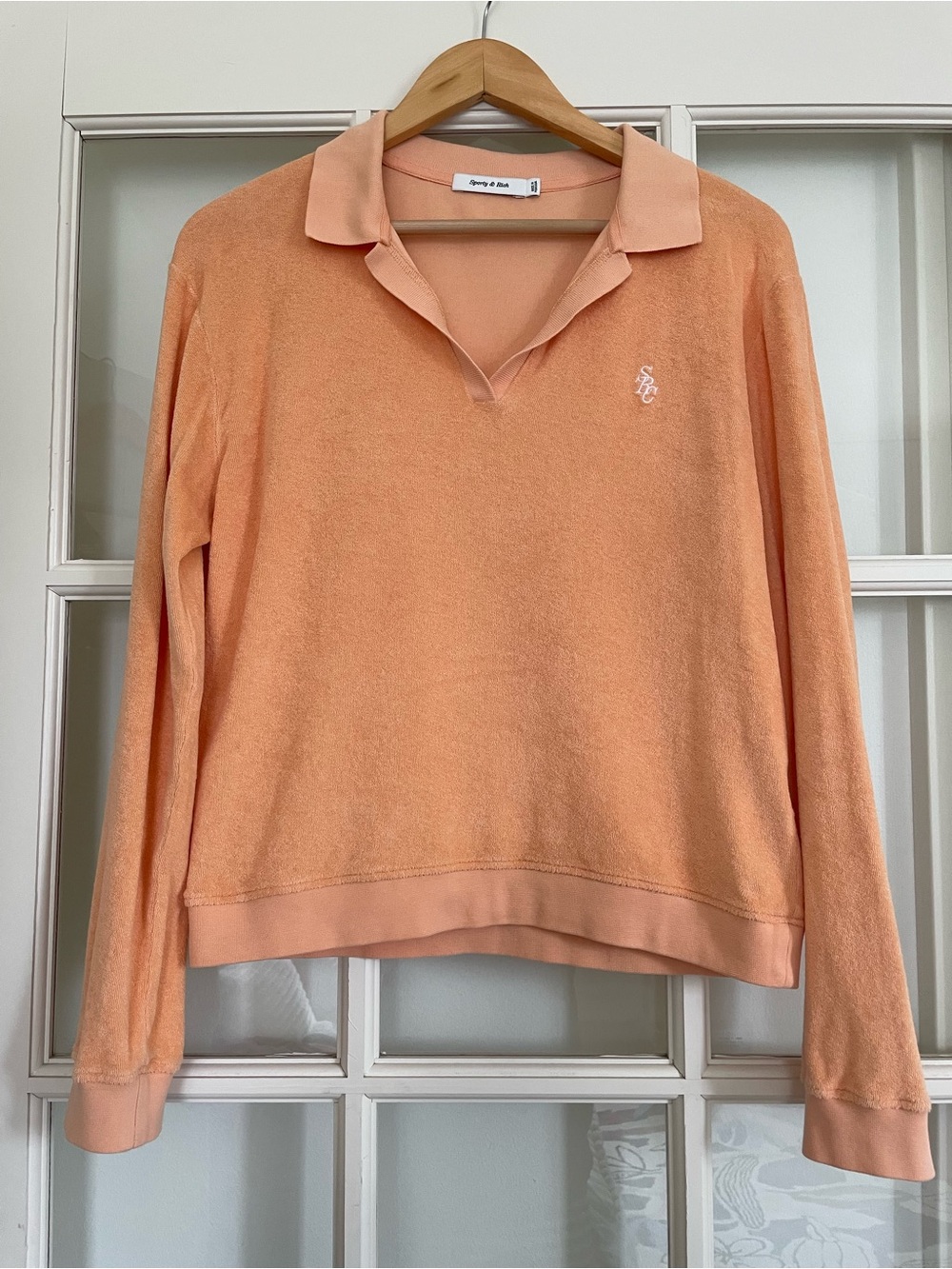 Sporty & Rich orange velour long sleeve polo shirt 100% cotton women's medium M